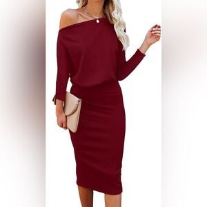 Women's Off The Shoulder 3/4 Sleeve Batwing HIPS-Wrap Midi Dress Sexy Bodycon S